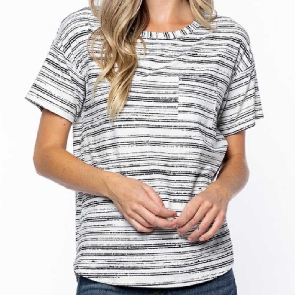 Orange Creek Los‎ Angeles Small S White Black Striped Boyfriend Pocket T-Shirt